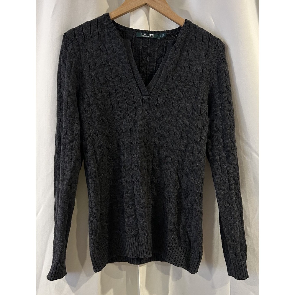 Lauren‎ Ralph Lauren Sweater Women's Gray Cable V-Neck Pullover Size Medium